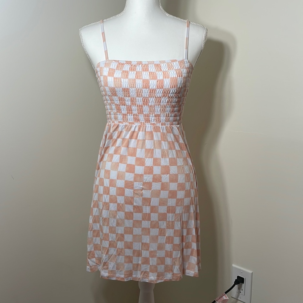 Never Been Worn, distressed peachy colored checkered dress